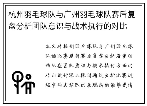 杭州羽毛球队与广州羽毛球队赛后复盘分析团队意识与战术执行的对比